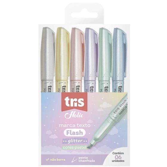 Imagem de Marca Texto  Tris  Holic Flash Com Glitter Cores Pastel Com 6 unidades