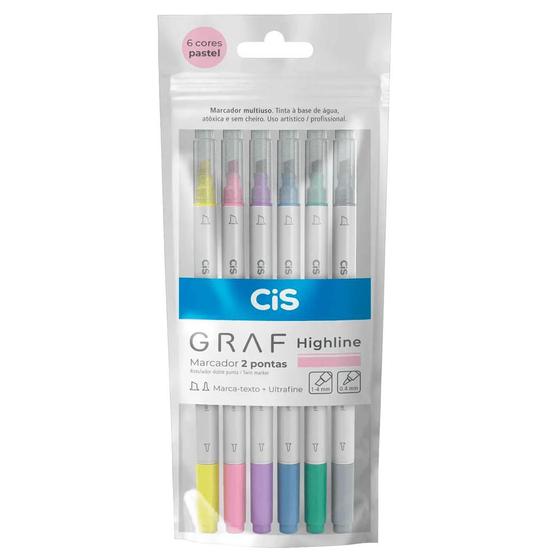 Imagem de Marcador Artístico Cis Graf Highline 2 Pontas com 6 Cores Pastel - CiS