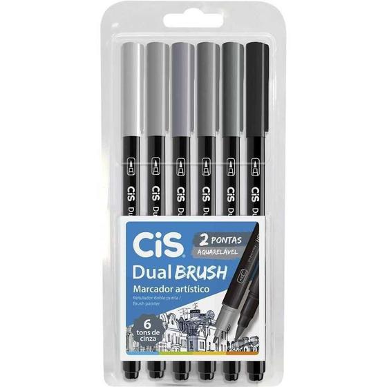 Imagem de Marcador Artístico Dual Brush Tons Cinza 6 Cores - Cis