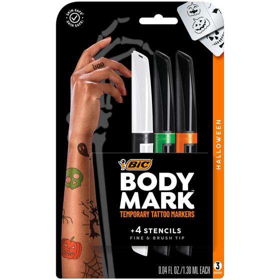 Imagem de Marcadores de tatuagem BIC BodyMark, pacote de Halloween com estênceis, 7 unidades