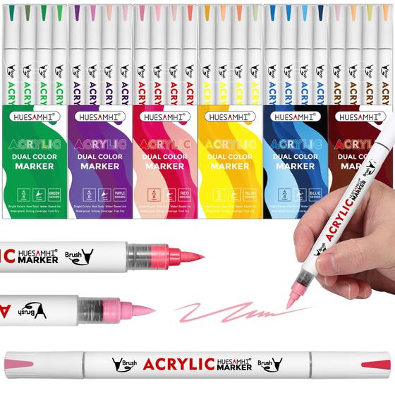Marcadores de Tinta Acrílica huesamhi Ponta Dupla 48 Cores Kit com 24 Unidades