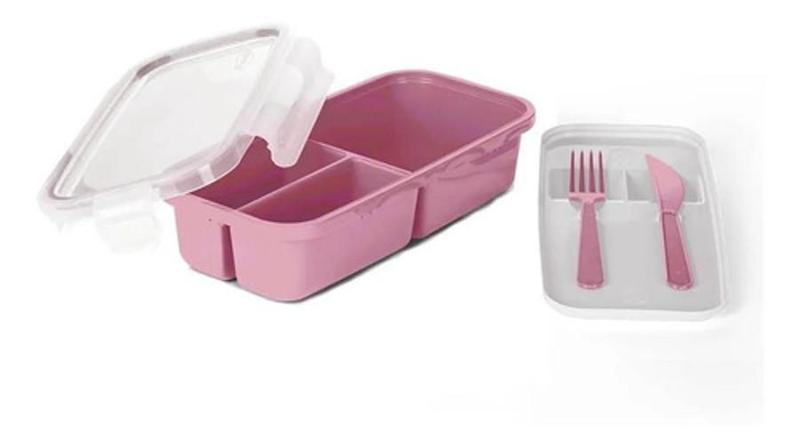 Imagem de Marmita 3 Divisórias Com Kit De Talheres E Travas - Rosa