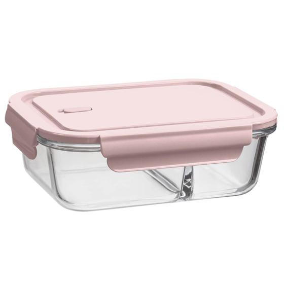 Marmita de Vidro com Divisória 1L Pote Hermético com Tampa UZ Retangular Rosa - UZ Utilidades Imagem de Marmita de Vidro com Divisória 1L Pote Hermético com Tampa UZ Retangular Rosa