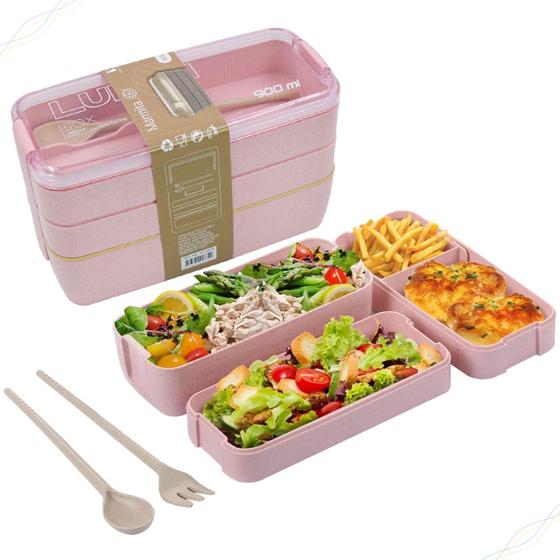 Imagem de Marmita Lancheira Porta Alimenteos Japonesa (Bento) Com 3 Compartimentos e Talheres 900ml