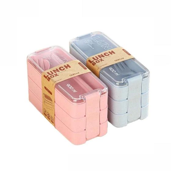 Imagem de Marmita Lunch Box 900ml 3 Andares e Talher Serve Microondas