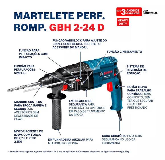 Martelete Furadeira Impacto 820W BOSCH GBH 2 24d Kit Broca Imagem de Martelete Furadeira Impacto 820W BOSCH GBH 2 24d Kit Broca