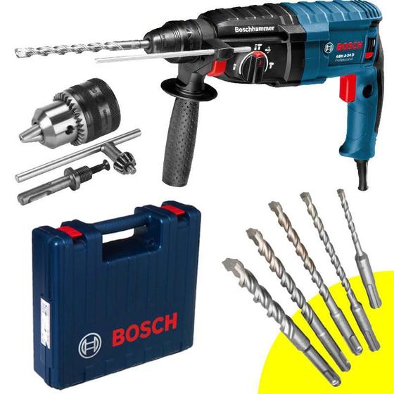 Martelete SDS-Plus 800W 2,7 KG GBH 2-24D Perfurador Rompedor BOSCH + Mandril c/ Adaptador + 5 Brocas Menor preço em Martelete SDS-Plus 800W 2,7 KG GBH 2-24D Perfurador Rompedor BOSCH + Mandril c/ Adaptador + 5 Brocas
