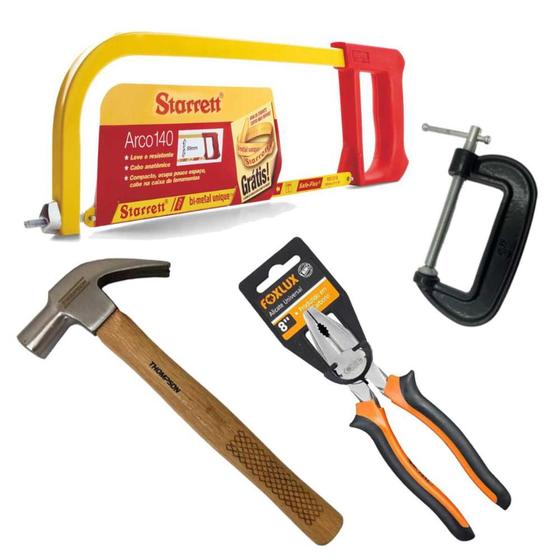 Imagem de Martelo 27cm - Thompson + Alicate Universal 8" + Arco de Serra Fixo 12" - Starrett + Grampo Sargento Tipo C 3" - CG