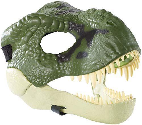 Imagem de Máscara de dinossauro inspirada em filme de Jurassic World com mandíbula de abertura, textura e cor realistas, aberturas de olhos e nariz e correia segura Idades 4 ou mais