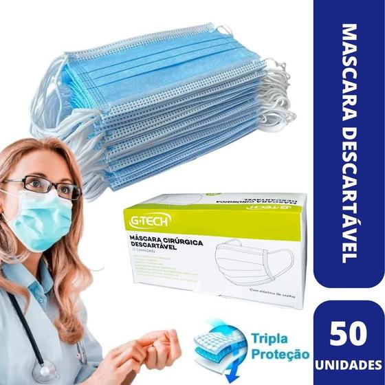 Máscara descartável tripla azul com elástico (c/50) gtech Máscara