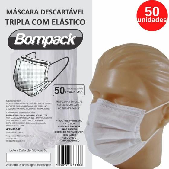 Imagem de Máscara Descartável Tripla Camada  com Filtro Interno, Elástico  cor Azul Cx/50 unidades - BOMPACK