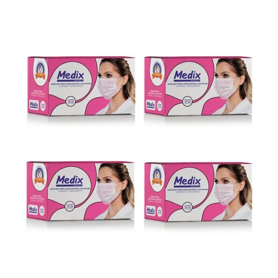 Imagem de Máscara Medix Tripla Descartável Rosa Caixa com 50 Unidade Kit com 4 caixas