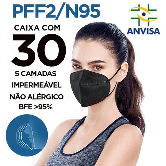 Imagem de Máscara PFF2 / N95 / KN95 adulto preta - pacote 30 unidades 5 camadas duplo meltblow BFE 98% + feltro de coton + tnt spunbond hospitalar hipoalergenic