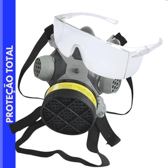 Imagem de Máscara Respirador Facial Para Proteção Química Gases VOGA Com 1 Filtro + Óculos de Segurança Proteção Epi Semelhante 3m Dentista Enfermagem Incolor