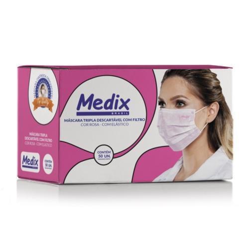 Imagem de Mascara tripla com elastico rosa 50un caixa