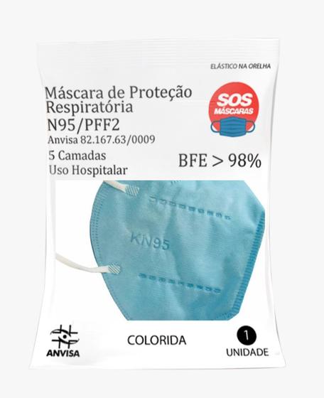 Imagem de Máscaras KN95 azul claro adultas com anvisa fabricada no Brasil - Embaladas de 1 em 1 - Kit de 20 unidades - BFE  98% - FPP2 PFF2 - SOS Mascaras