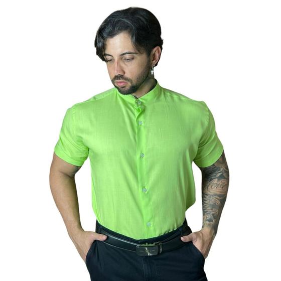 Imagem de Masculina Camisa Botão Manga Curta Gola Padre Moda Praia