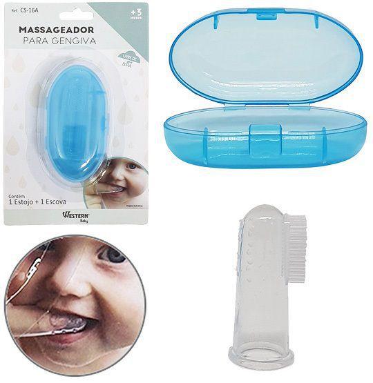 Imagem de Massageador e Higienizador de Gengiva de Silicone com Estojo Azul para Bebês a partir dos 3 Meses