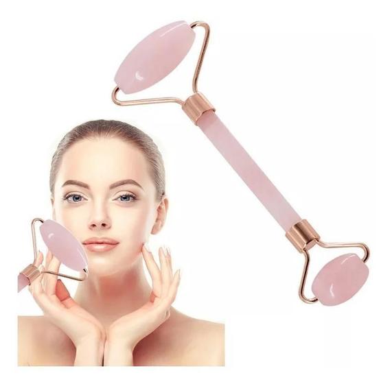 Imagem de Massageador Facial Rolo Pedra Quartzo Rosa Anti-Rugas Jade