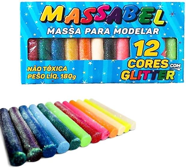 Massinha Modelar 12 Cores Com Glitter Massabel 180G - Tris - Massinha ...