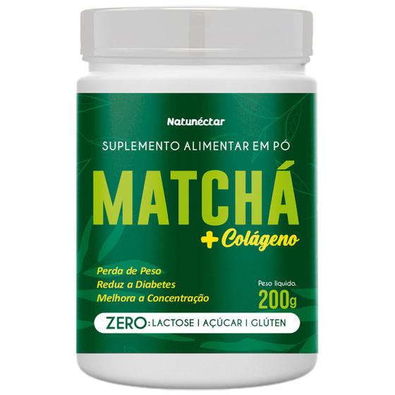 Imagem de Matchá + Colágeno Suplemento Alimentar Chá em Pó Natural Instantâneo Legítimo Sabor 100% Puro Premium 200g Natunéctar