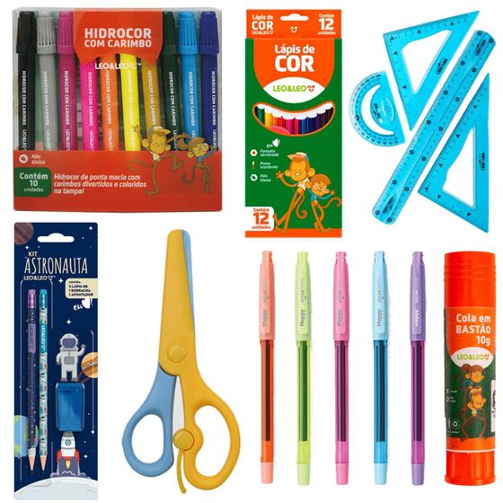 Imagem de Material Escolar Completo 37 Itens Com Kit Geometrico Tesoura Caneta Colorida - Leo e leo