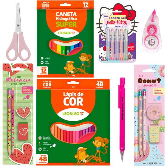 Imagem de Material Escolar Meninas Canetas Hello Kitty + Canetinha + Lapis Cor 48 cores + Lapiseira