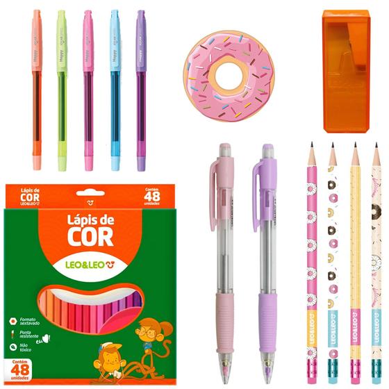 Imagem de Material Escolar Meninas Lapis Borracha + Lapis de cor 48 Cores + Canetas Coloridas - Leo e Leo