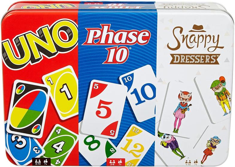 Imagem de Mattel Games: 3-em-1 - UNO, Fase 10 e Vestidos Snappy (Caixa de Lata)