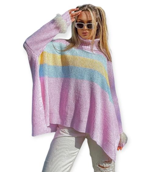 Imagem de Maxi Poncho Feminino Tricot Mousse Colorido Com Plumas