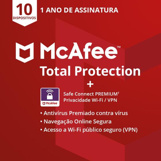 McAfee Total Protection 10 Dispositivos + Safe Connect Premium Menor preço em McAfee Total Protection 10 Dispositivos + Safe Connect Premium