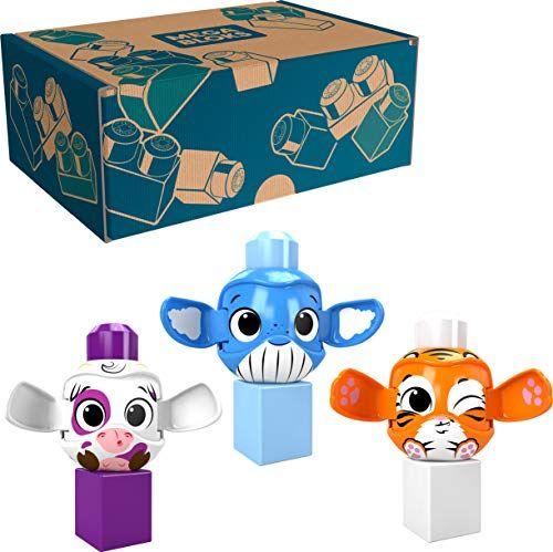 Imagem de Mega Bloks Peek A Blocks Toys 3-Pack Value Bundle  Tigre, Baleia, Vaca  com 3 Blocos de Construção e 3 peek a Boo Rolling Animals, Ages 1+