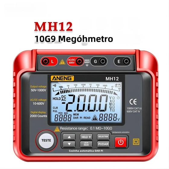 Imagem de Megôhmetro Digital Aneng MH12 - Testador de Alta Tensão e Resistência de Isolamento