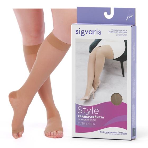 Imagem de Meia 3/4 Compressiva Panturrilha  Sigvaris Ever Sheer  20-30mmhg Ponteira Aberta - Natural