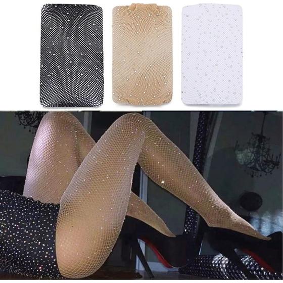 Imagem de Meia Calça Arrastão Nude Preto Branco Pele Strass Brilho