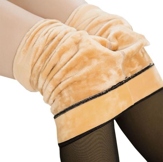 Imagem de Meia calça feminina para o inverno de lã grossa térmica forrada peluciada Frio meia quente translucida imita pele flanelada plus cós alto e com pé