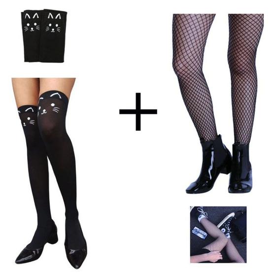 Imagem de Meia Cosplay 7/8 Modelo Gato Gatinha com Rabo + Meia Calça Arrastão: Estilo Colegial Geek Pin-up