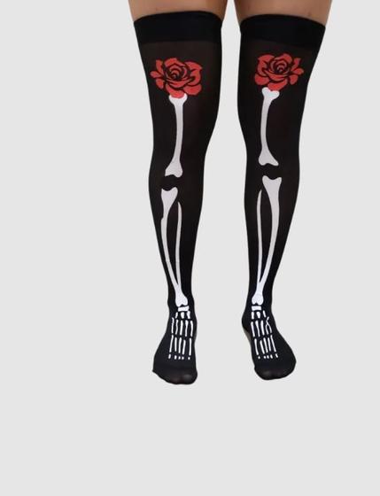 Imagem de Meia longa Desenho ossos detalhes flores cosplay gótica