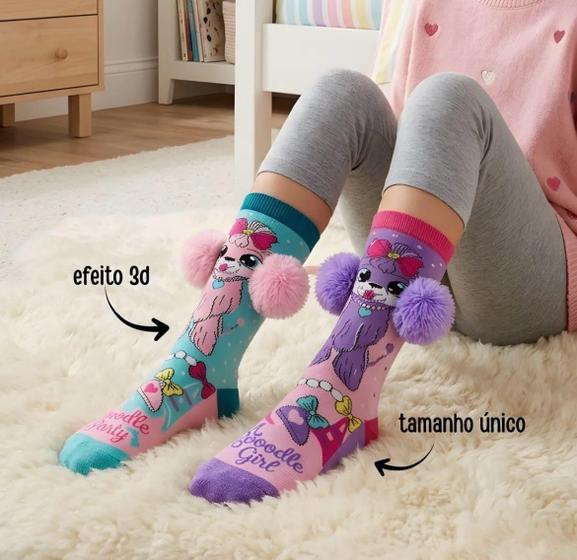 Meia Maluca 3D Divertida Adulto Infantil Poodle Party com Pompom, Coloridas, Temática Cachorro Auau