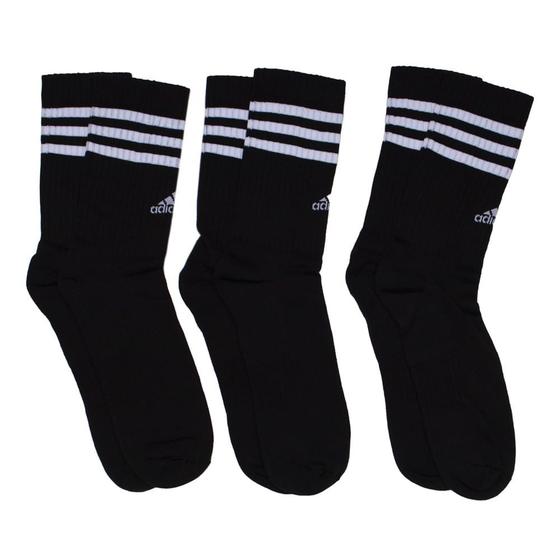 Imagem de Meia Masculina Adidas 3 Listras Cano Longo Kit 3 Pares Preto/Branco