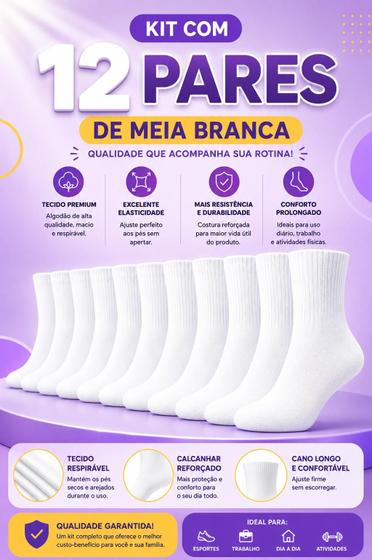 Meia Masculina kit 12 Pares Cano Alto Longo Sport Branca Confortável