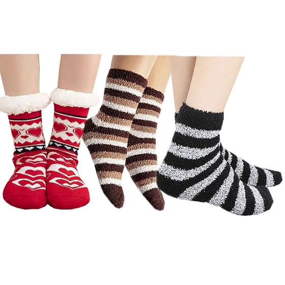 Imagem de Meia Térmica Lã Forrada Pelúcia Antiderrapante + 2 Pares de Meias Soft = Kit 3 Pares Sortidos