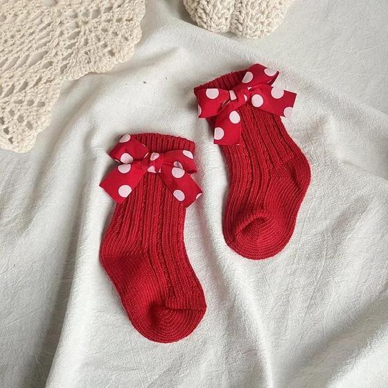 Imagem de Meias de Algodão para Bebês - Com Laço Vermelho e Quentinhos