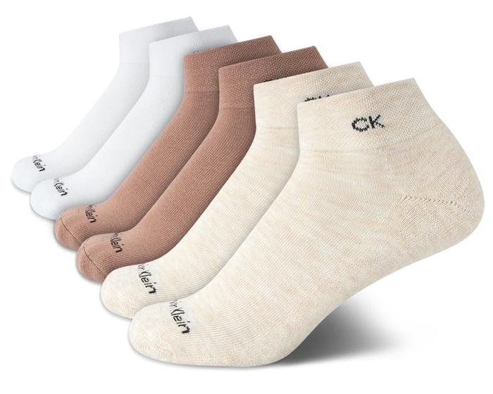 Imagem de Meias de tornozelo Calvin Klein femininas, pacote com 6, brancas/marrons, tamanho 4-10