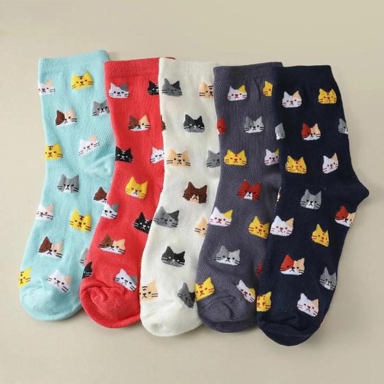 Imagem de Meias Divertidas de Gato para Mulheres - 5 Pares com Estampas de Desenhos Animados