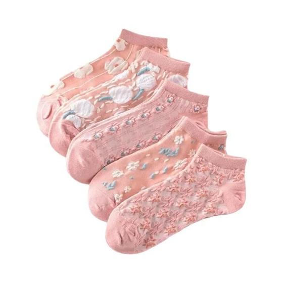 Imagem de Meias Femininas Kawaii Vintage - 5 Pares de Meias Finas com Estampa Floral 3D