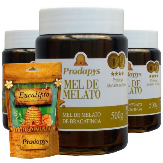 Imagem de Mel Melato de Bracatinga 500g Kit com 3 + Bala com Própolis 