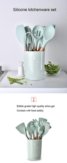 Imagem de Melhor silicone cozinhar utensílio conjunto de madeira lidar com espátula sopa colher escova concha VERDE