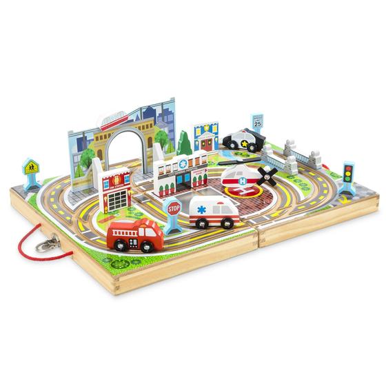 Imagem de Melissa &amp Doug 18-Piece Madeira Take-Along Tabletop Town, 4 Veículos de Resgate, Peças de Jogo, Ponte