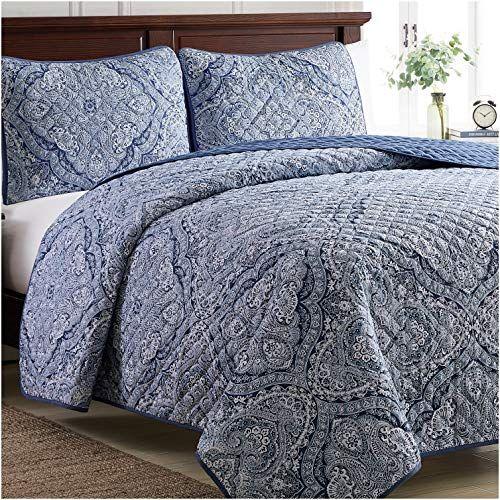 Imagem de Mellanni Bedspread Coverlet Set - Capa de Cama com Shams - Tecnologia de Colcha Ultrassônica - 3 Piece Oversized Full / Queen Quilt Bedding Set - Colchas e Coverlets (Full / Queen, Medallion Blue)